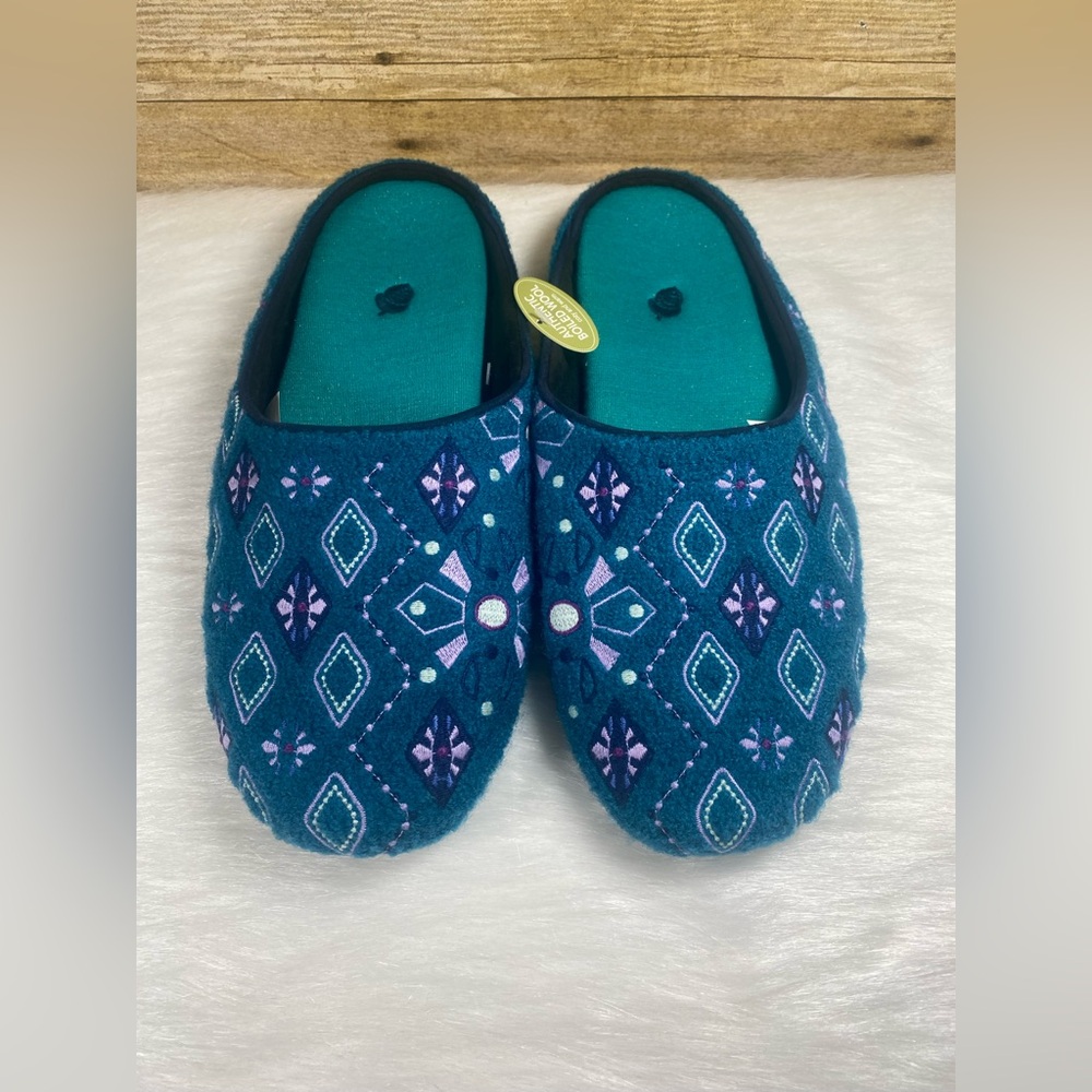 ACORN Mule Boiled Wool Slippers Sz 10 NWT Womens Teal Diamond Pattern